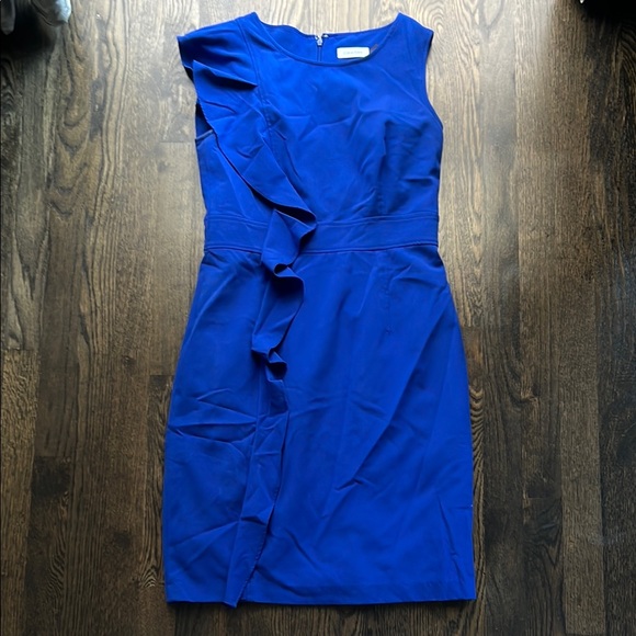 Calvin Klein Blue Sheath Cocktail Dress Sophisticated Asymmetrical Ruffle Detail - Picture 3 of 6